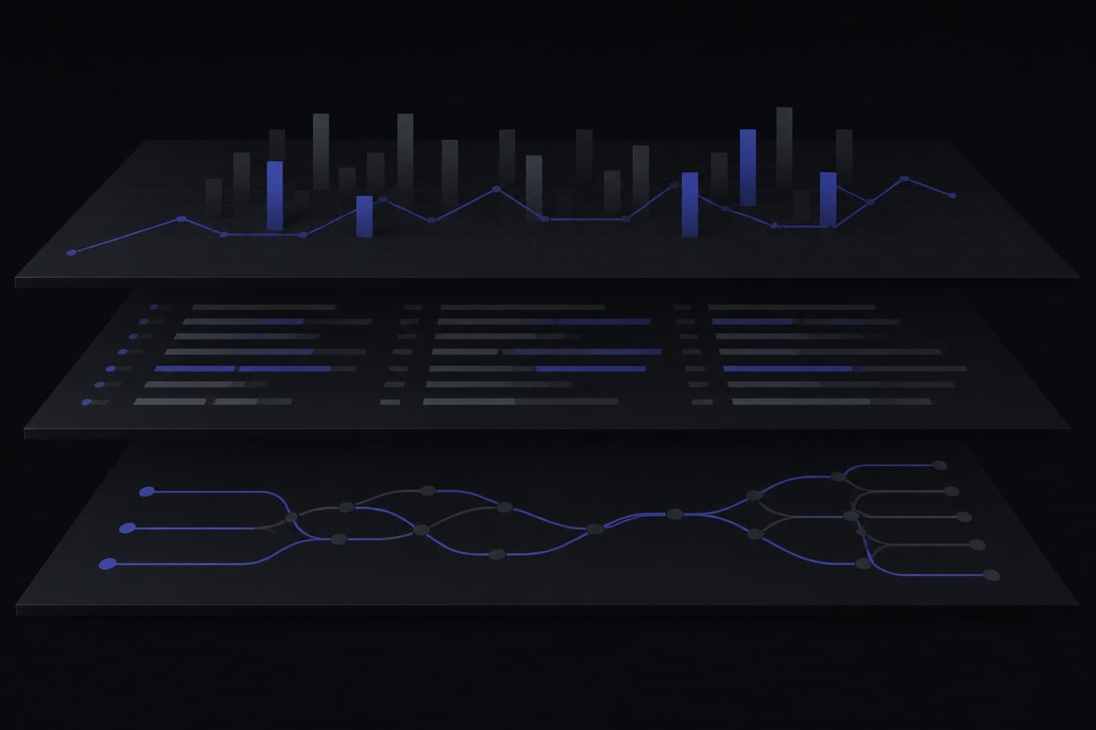 Metrics, logs, and traces as three aligned dark layers